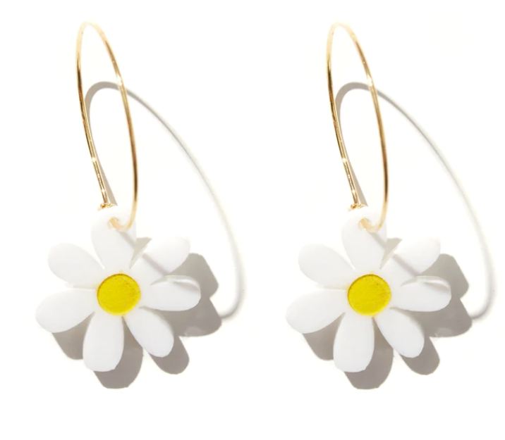 White and Yellow Mini Daisy Hoop Earrings (Silver Hoop)